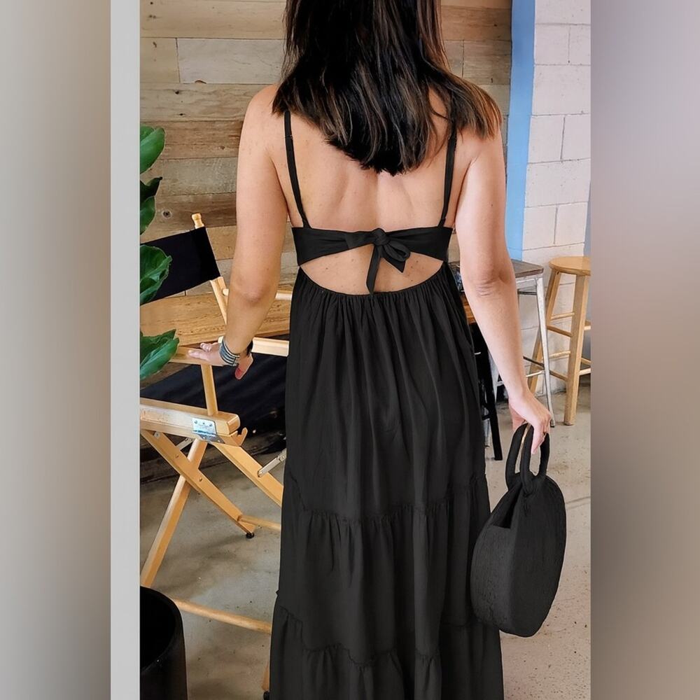 Boho Black Maxi Dress Organic Cotton Tiered Open Back Adjustable Straps Fits S-L - Picture 8 of 8